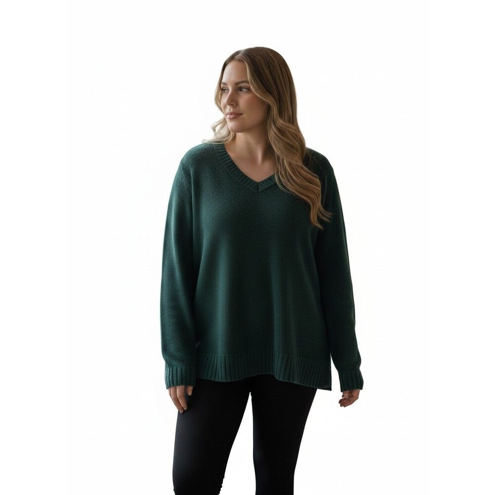 White and stag Women's 2X Oversized Knit V-Neck Sweater Tunic Long Sleeve Dark G